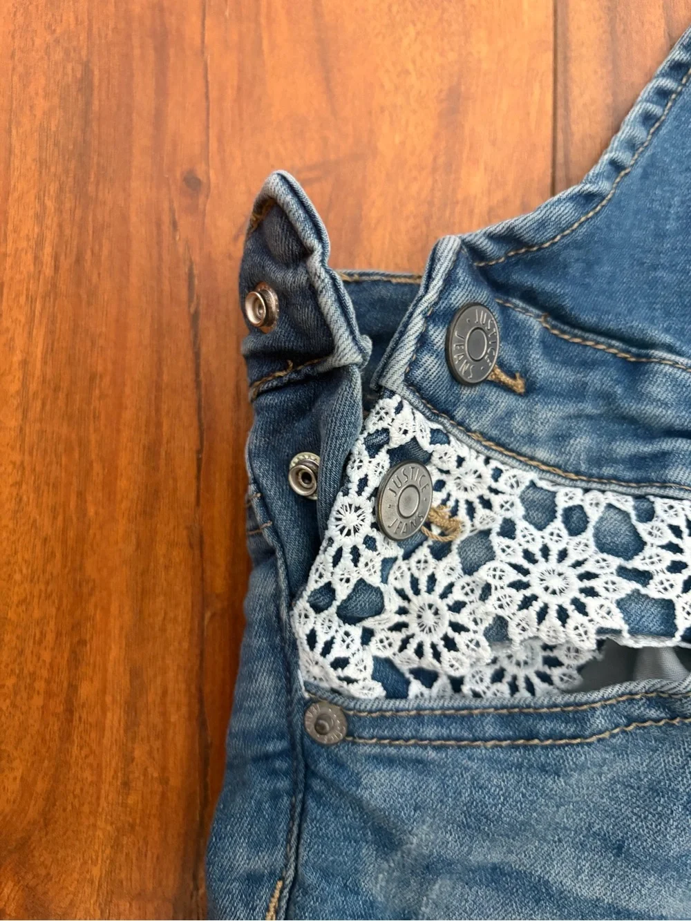 Justice Denim Lace Overalls Pockets Snap Button sides adjustable straps Youth 12